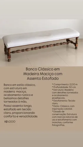 Banco Clássico em Madeira Maciça com Assento Estofado