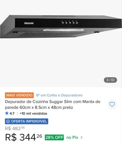 Depurador de Cozinha Suggar Slim 60cm x 8.5cm x 48cm preto - 220V