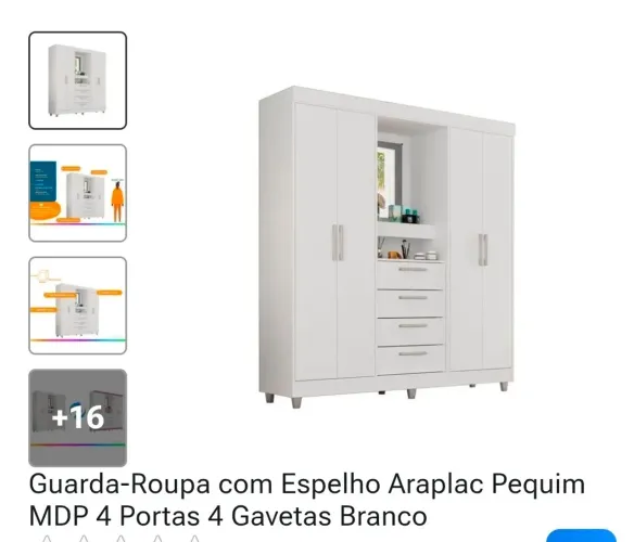 Guarda-roupa Araplac Pequim<br>-<br>roupa<br>com Espelho 4 Portas 4 Gavetas Araplac Pequim