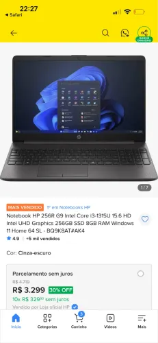 Notebook HP Intel Core i3 8GB 256GB SSD 15,6?