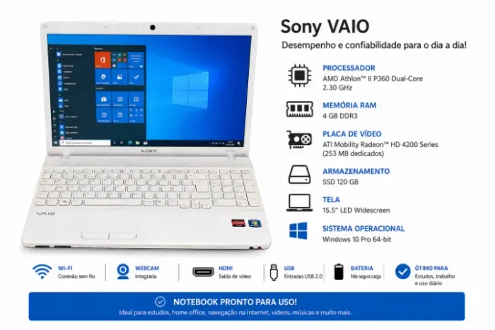 Notebook BARATO Sony VAIO SSD 120GB | 4GB RAM | Windows 10 | HDMI