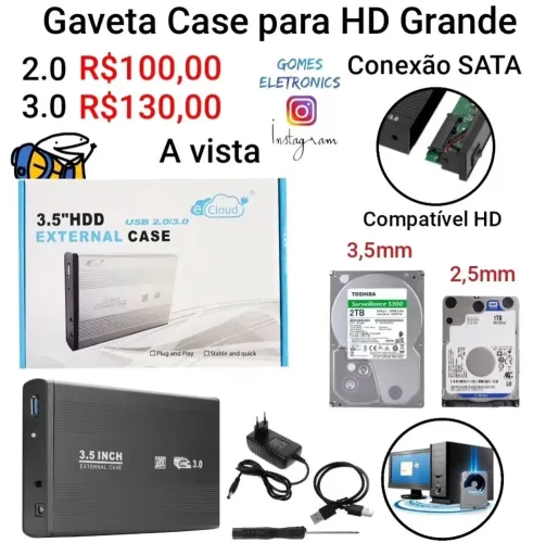 Case para Hd 3,5mm grande conexão sata - uso externo em game Pc notebook (loja fisica)