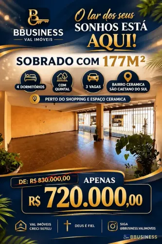 BAIXOU!!! PROMOÇÃO PARA O MÊS DAS MÃES! Sobrado à venda 177m² 4 dormitórios com 3 vagas, C