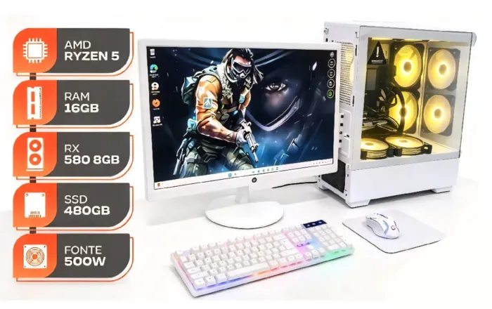 PC Gamer White Completo Ryzen 5 5500, RX 580, 16GB DDR4, SSD 480GB com NF e Garantia