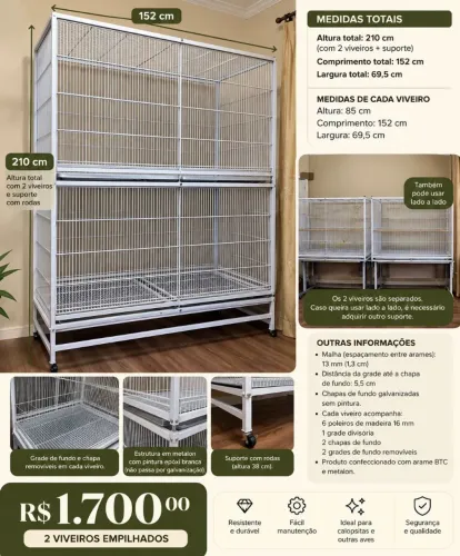 Viveiro Grande para aves - 2 Módulos Empilhados com Suporte | R$ 1.700