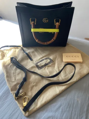bolsa diana preta couro legítimo e bambu verdadeiro inspiração Gucci 