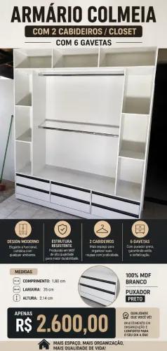 Armário Closet Completo com 6 Gavetas e Cabideiros - Moderno