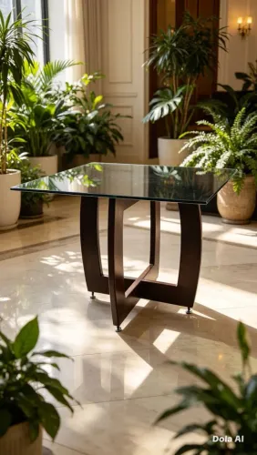 Mesa de jantar base madeira tampo de vidro 90x90 espessura 12 mm