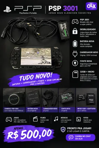 PSP 3001 Desbloqueado + 32GB + Bateria, Carregador e Fonte Novos