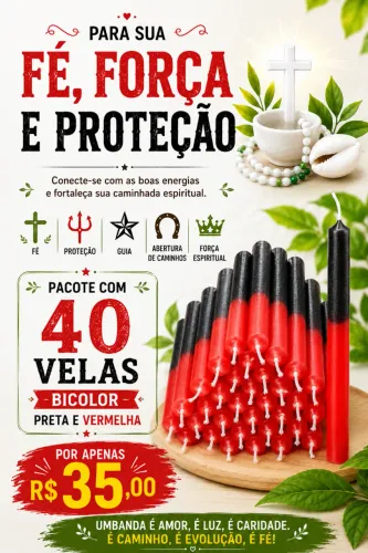 Vela Bicolor Preta e Vermelha, Kit com 40 velas tamanho 16.5cm x 1,5cm 27g