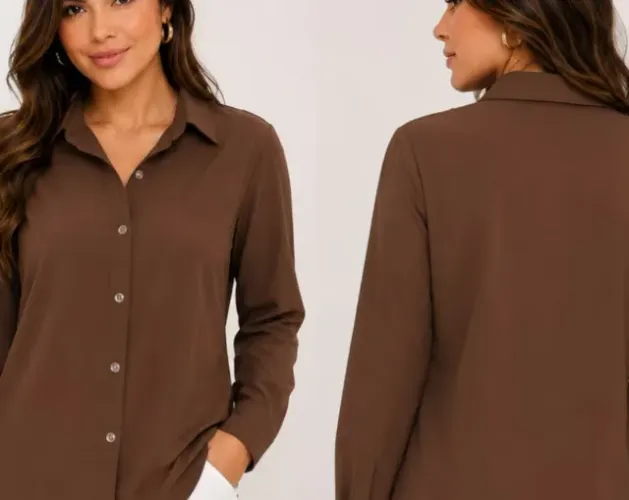 Camisa Social Manga Longa Feminina Listrada Crepinho.