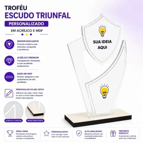 Trofeu Escudo Triunfal Personalizado em Acrílico e MDF