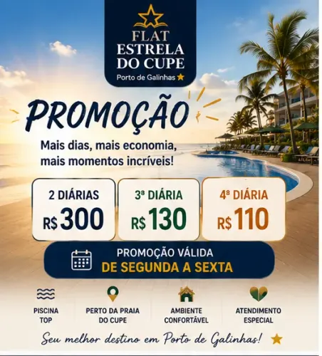 Flat em Porto de Galinhas | Praia do Cupê | Piscina | Promoção R$ 150,00 Por diária 