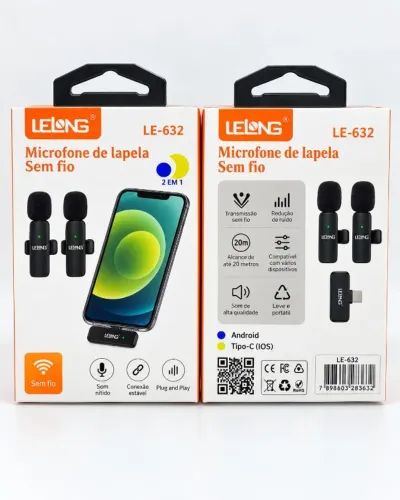 Microfone Lapela Duplo Sem Fio iPhone Lightning LE-932 Novo