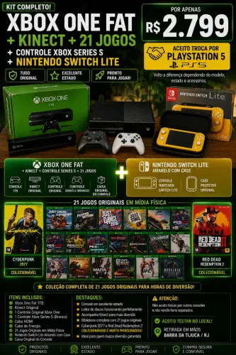 Xbox One Fat + 21 Jogos + Switch Lite + Kinect + 2 Controles