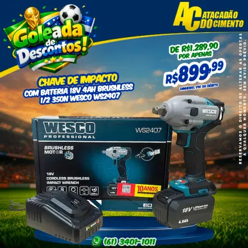 Chave De Impacto Com Bateria 18v 4ah Brushless 1/2 350n Wesco Ws2407
