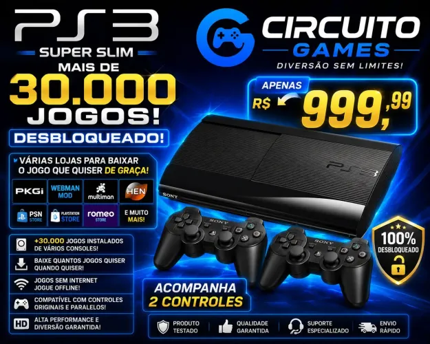 Ps3 super slim desbloqueado 2 controles loja física