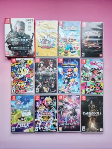 Estoque com diversos jogos mídia física de Nintendo Switch