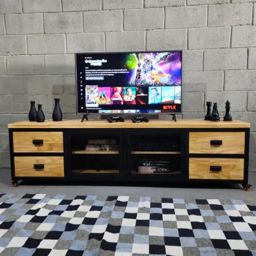 Rack estilo industrial ferro e madeira pinus