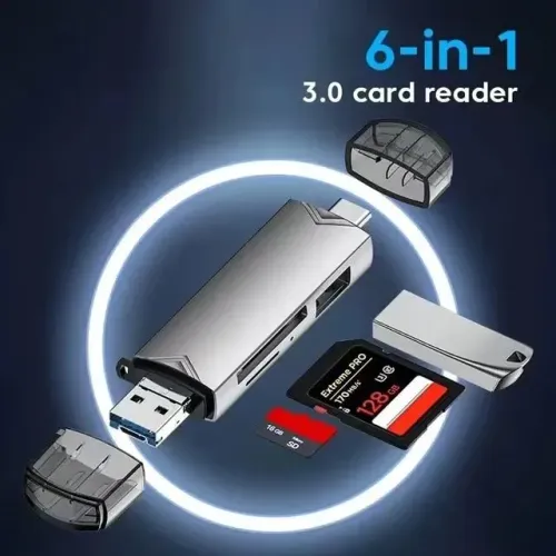 Leitor de cartão 6 em 1, Tipo C, USB, Micro USB