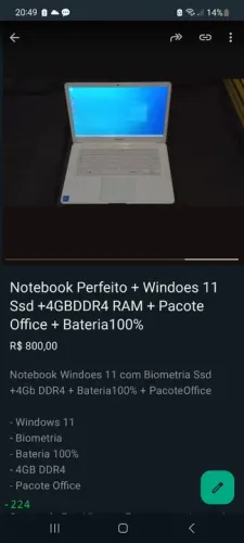 Notebook Perfeito + Windoes 11 Ssd +4GBDDR4 RAM + Pacote Office + Bateria100%