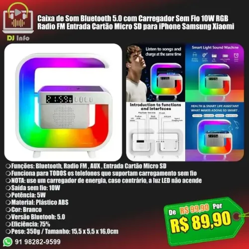 Caixa de Som Bluetooth 5.0 com Carregador Sem Fio 10W RGB Radio FM Entrada Cartão Micro SD