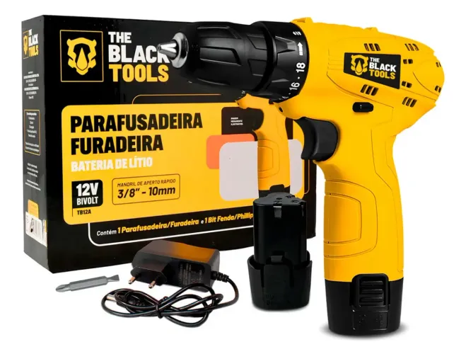 Parafusadeira Furadeira The Black Tools TB12A 3/8 a Bateria Cor Amarelo Frequência 60Hz