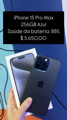 iPhone 15 Pro Max / 256GB / Azul / Saúde de bateria 88% / R$ 5.650,00 / loja física