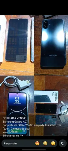 Celular a venda : Samsung Galaxy A07 :cor preta de 8RAM 256GB em perfeito estado seminovo