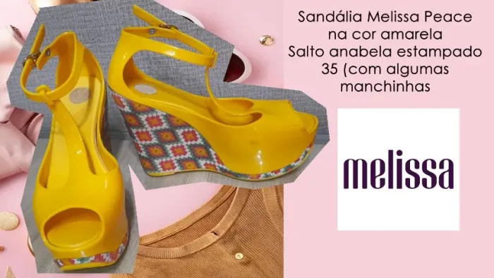 Sandália Melissa Peace na cor amarela Salto anabela estampado 35
