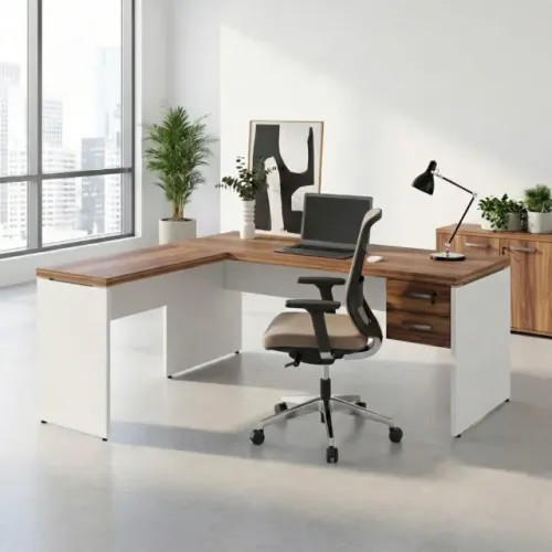 Mesa Escritorio L com Gavetas Nogal Sevilha Branco Ampla Funcional Premium DesignTop 34326
