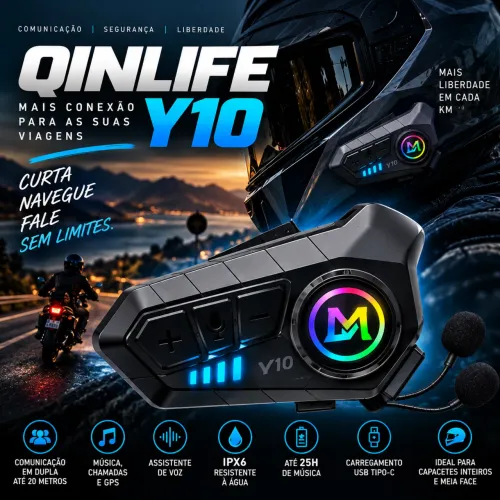 Intercomunicador Bluetooth Y10 para Capacete Moto IPX6, Música, GPS e Chamadas