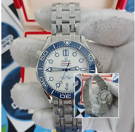 RELÓGIO OMG SEAMASTER DIVER 300 FUNDO BRANCO BIZEL AZUL