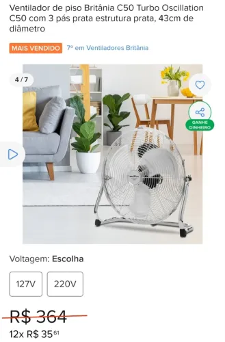 Ventilador 127v de piso Britânia C50 Turbo Oscillation C50 com 3 pás prata estrutura prata