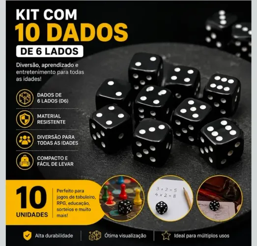 KIT 10 DADOS PRETO - 6 LADOS - 16mm