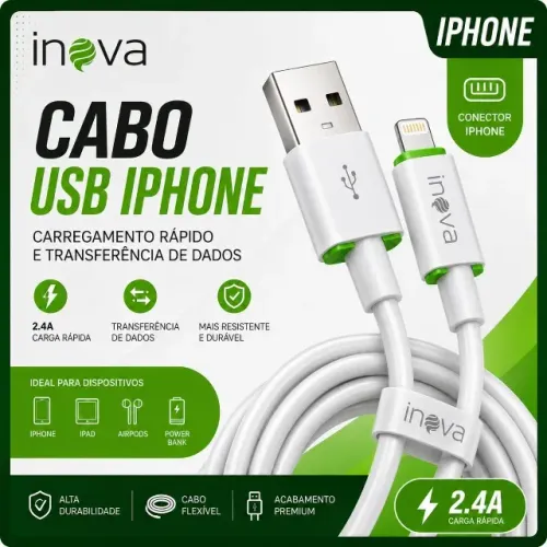 Cabo Iphone Lightning Carregador USB de 1 Metro - Branco Inova