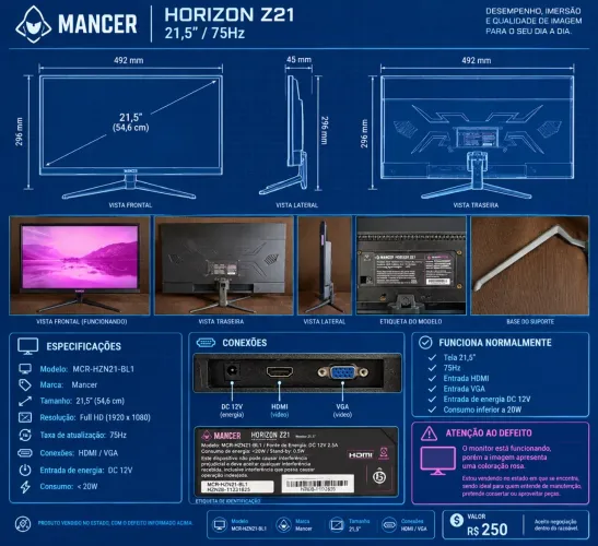 Monitor Mancer Horizon Z21 21,5? 75Hz HDMI/VGA - Com Defeito