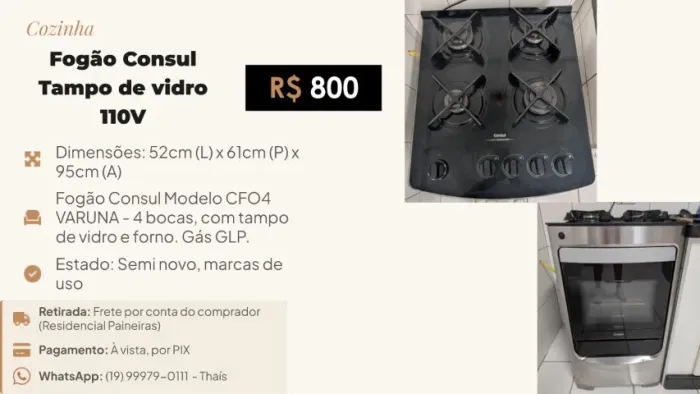 Fogão Consul Tampo de vidro 110V