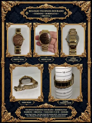 RELOGIO TECHNOS FEMININO DOURADO BORBOLETAS MARROM ORIGINAL 2035LRD - TAM 17,5CM
