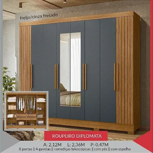 ROUPEIRO DIPLOMATA C / ESPELHO 8 PORTAS 4 GAVETAS