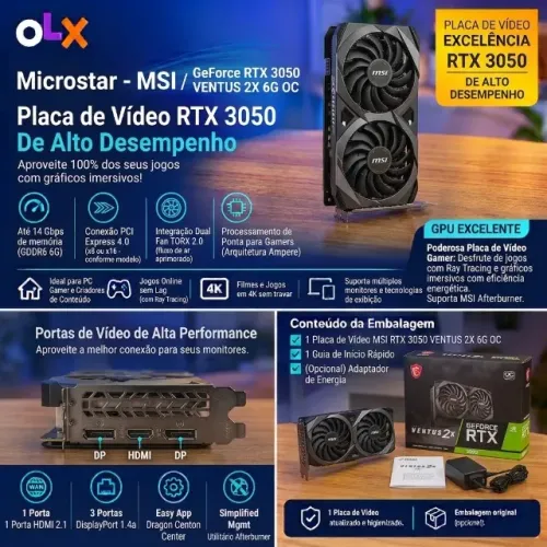 PLACA DE VÍDEO MSI GeForce RTX 3050 VENTUS 2X 6G OC ? 6GB GDDR6 - NOVA
