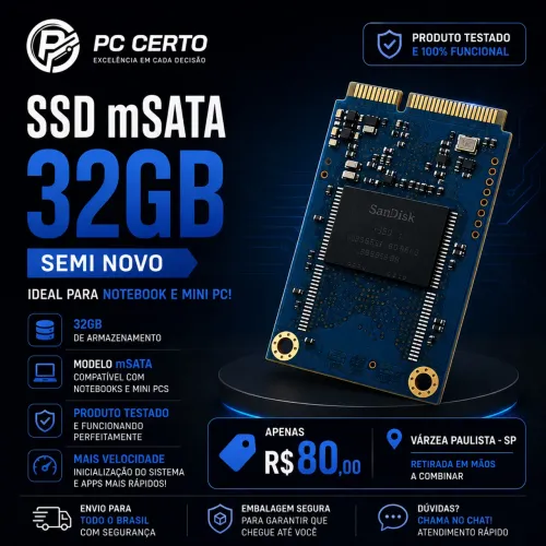 SSD mSTA 32GB Semi Novo - Ideal para notebook / Mini PC