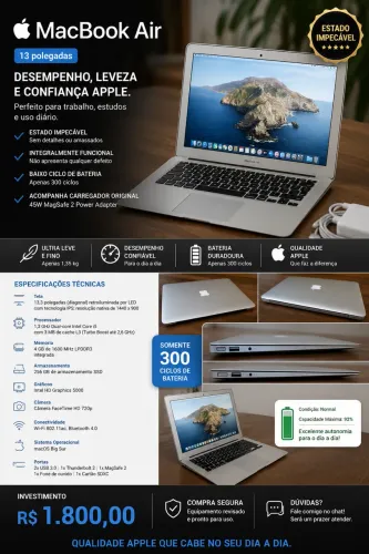 MacBook Air 13 256GB Core i5, Estado de novo, bateria 300 ciclos + carregador original