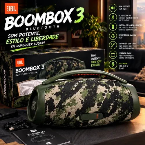 Caixa de Som Bluetooth Boombox 3 - Verde Camuflado | Som Potente