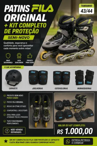 Patins Fila 43/44 com acessórios de proteção