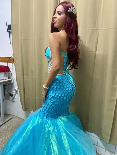 Vestido fantasia sereia Ariel azul turquesa