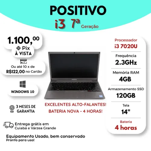 Notebook Positivo i3 7ª - 4GB Ram + 120GB SSD - Com Garantia e Parcelado no cartão!!