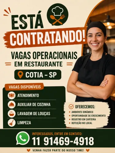 Vagas operacionais para restaurante em Cotia/SP