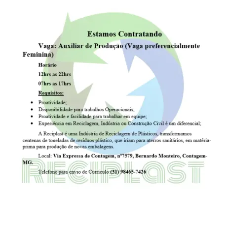 Ajudante de Produção - Reciclagem - (Vaga Preferencial para Mulher)
