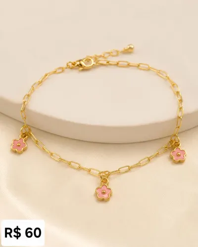 Pulseira infantil de flores rosas